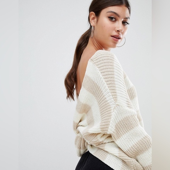 ASOS PrettyLittleThing Tan Cream Stripe twist back sweater sz Small/ Medium - Picture 2 of 10